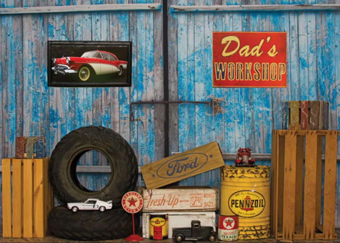 

50s 60s Dads Garage Glare Wide Wood Door backdrop party photo studio background