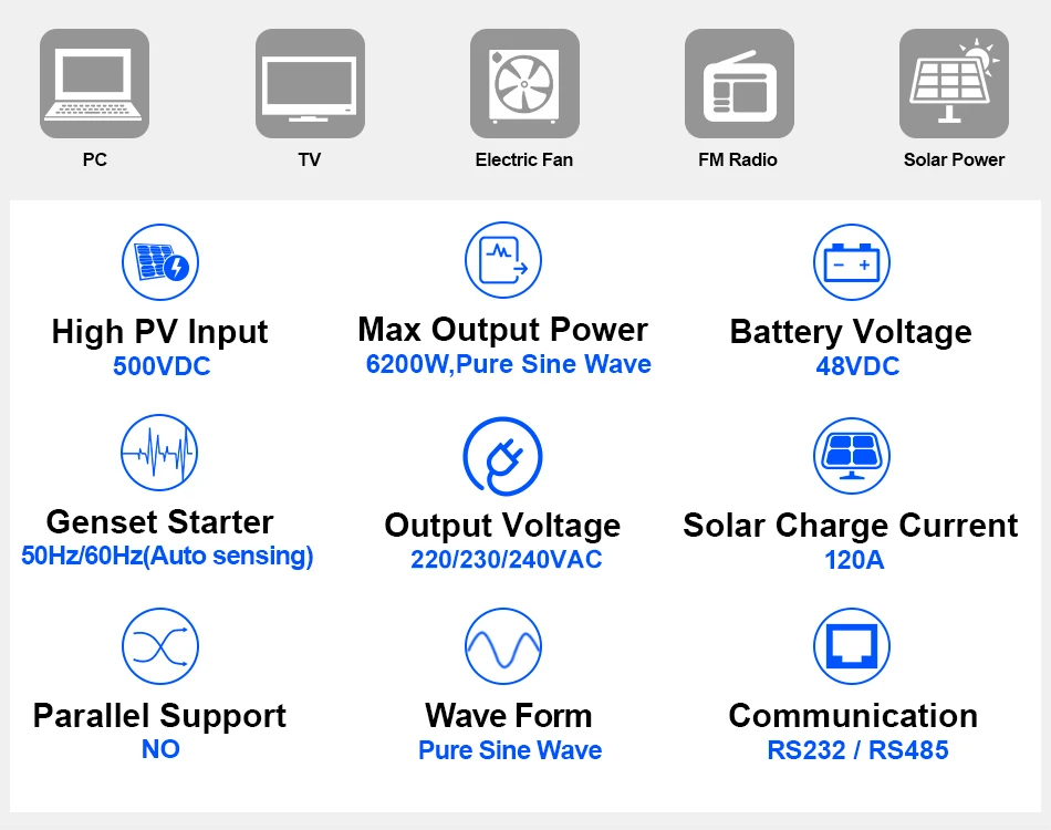 EASUN 6,2KW Hybrid-Solarwechselrichter Reine Sinuswelle 230Vac Netzunabhängig MPPT Photovoltaik-Solarwechselrichter 100A Solarladegerät PV 8500W 500VDC – Detail 2