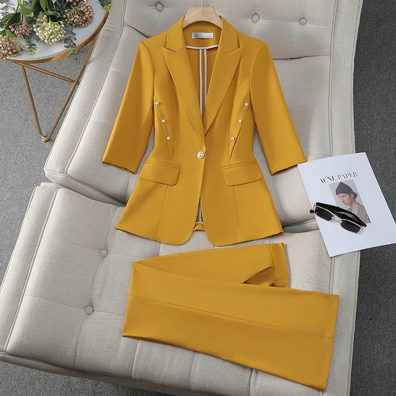 

Yellow Office Lady Suit Long Sleeve Blazer Flared Pants Women Solid Single Button Blazer 2 Pieces Sets Solid Fashion Korean