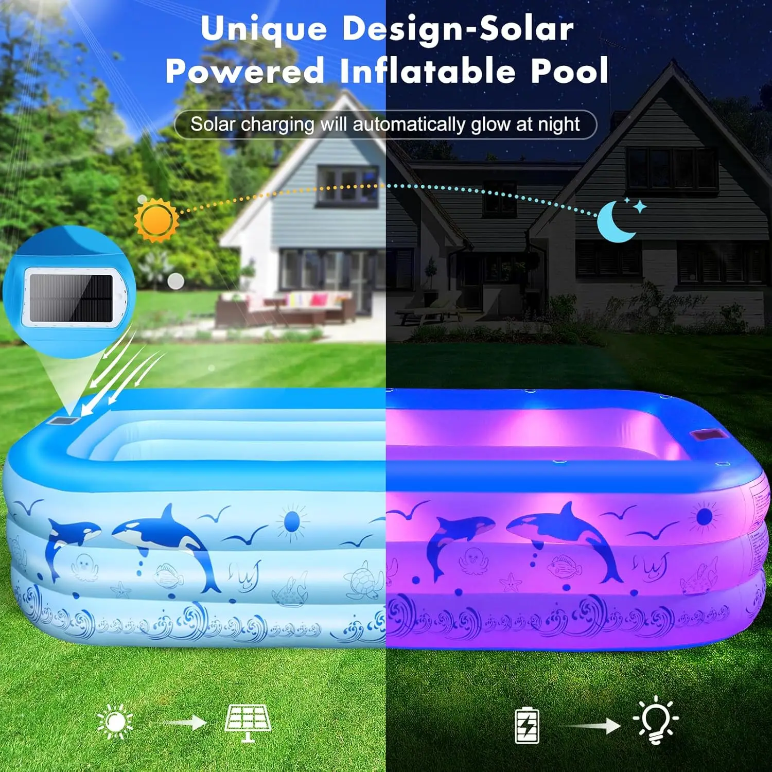 Inflatable Pool with Lights,2024 Upgraded Family Inflatable Swimming Pool for Kids,Adults, BlowUp Pool Solar Powered,Large Kiddl