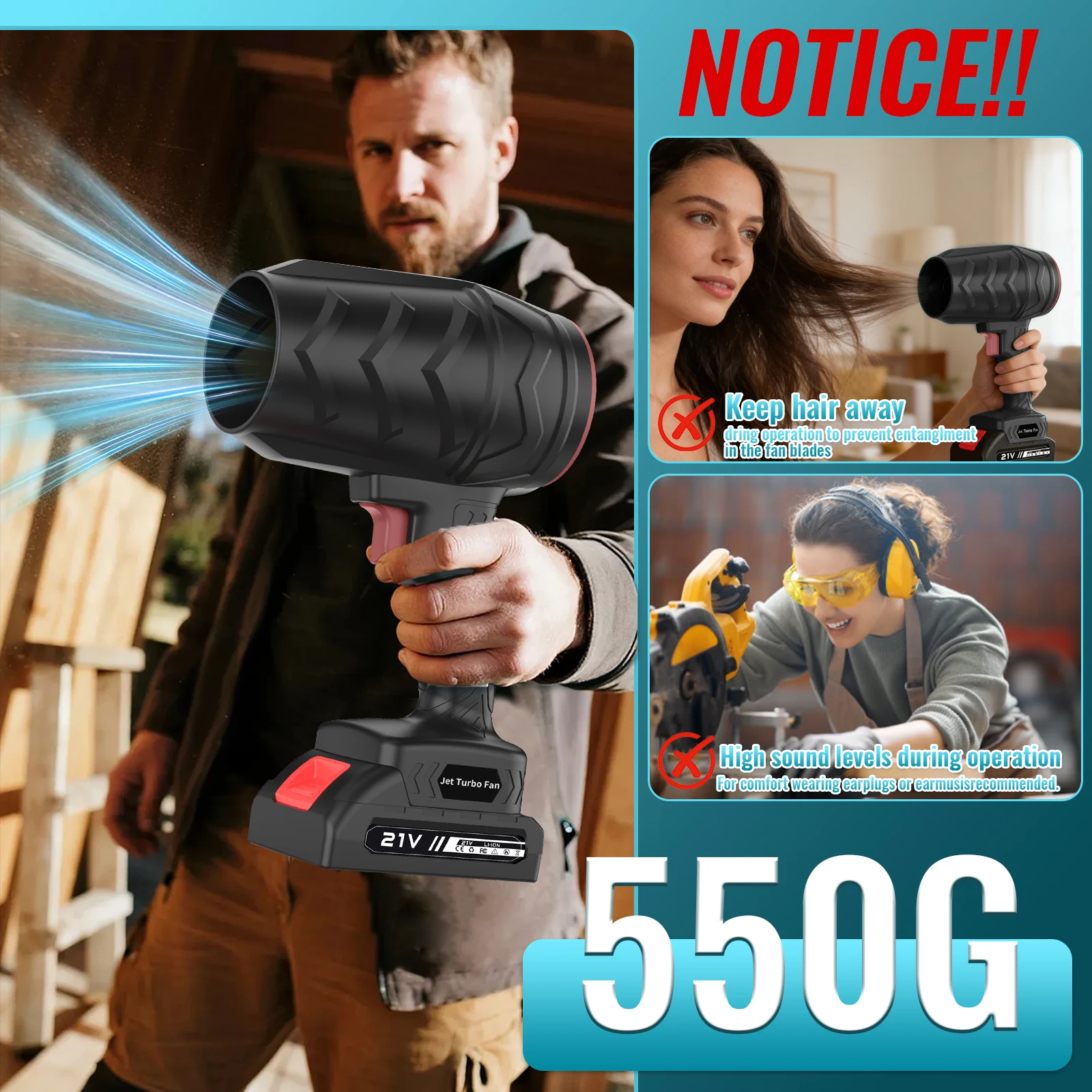 Sèche-cheveux turbofan puissant, souffleur de poussière, outil de soufflage à lame intégrée, outil de nettoyage portable sans fil, machine de lavage de voiture avec batterie haute capacité