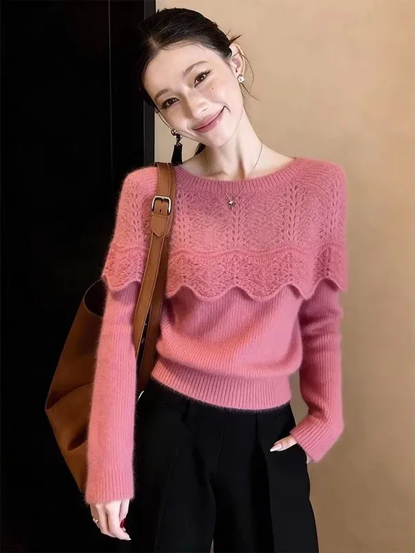 

Свободный комфортный женский свитер с отделкой по низу, весенний модный розовый вязаный топ с длинными рукавами в молодежном стиле