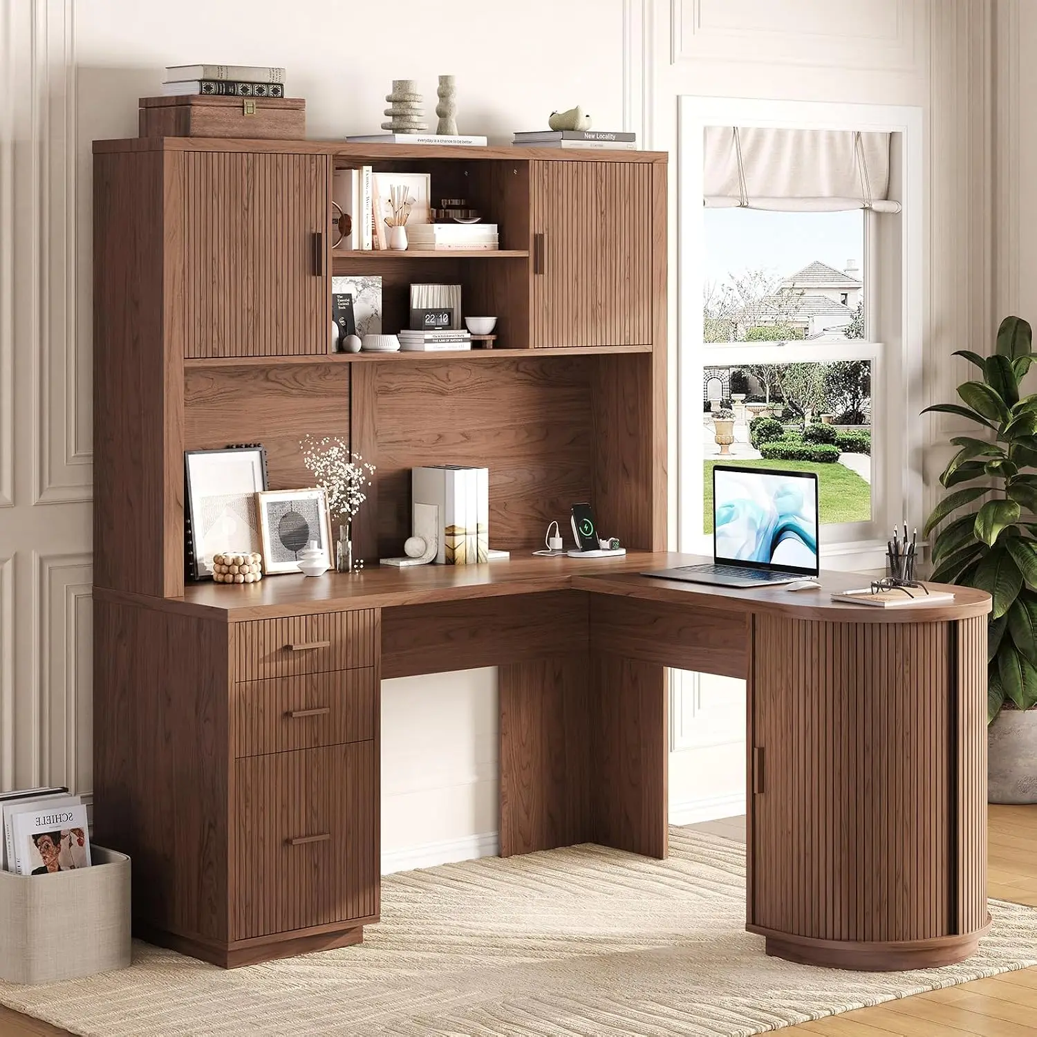 L Shaped Executive Desk with Hutch, Study Workstation, Walnut, Customized