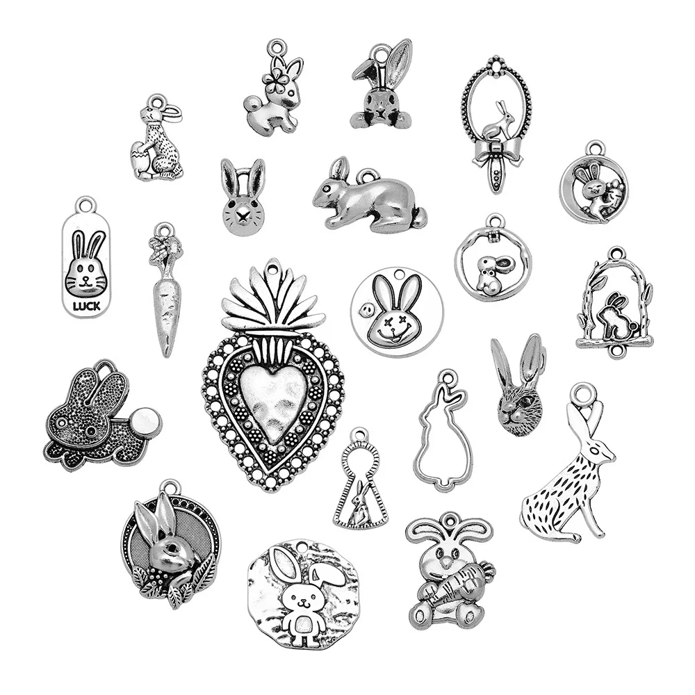 Antique Silver Plated Bunny Easter Charms Rabbit Pendants For Jewelry Making Supplies Diy Keychain Earrings Necklace Bracelets