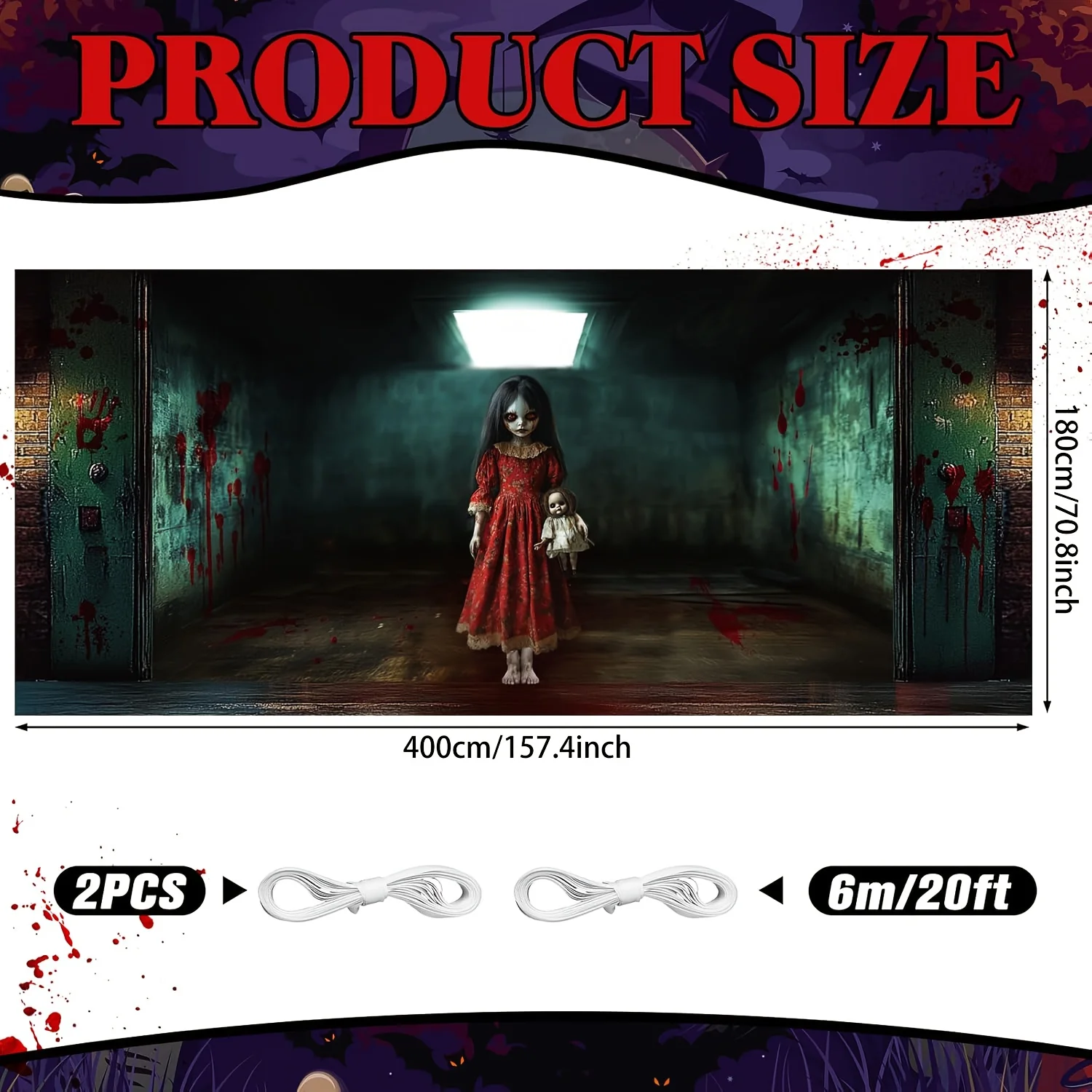 لافتة باب جراج كبيرة للهالوين - تصميم لفتاة دمية إيري معلق لخلفية رذاذ الدم، بوليستر متين #3