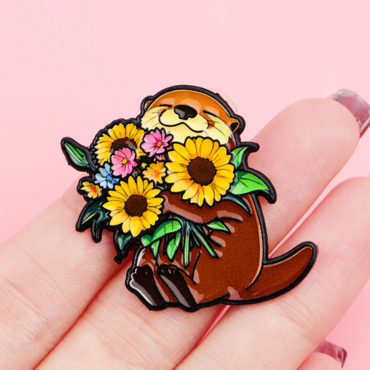 Cute Flower Otter Enamel Pin Lapel Pin Sunflower Bouquet Brooches For Women Clothing Decoration Metal Pins Hat Badge Accessories
