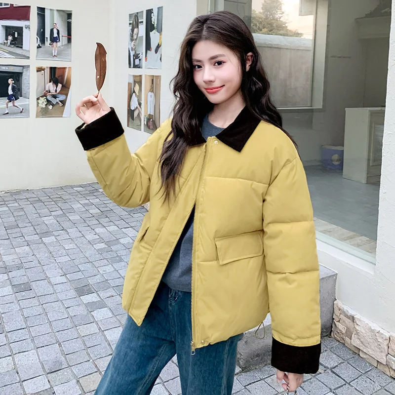 

Winter Corduroy Patchwork Down Cotton Coat Women Korean Contrast Color Lapel Quilted Jacket Woman Fashion Zip Up Parkas Jackets