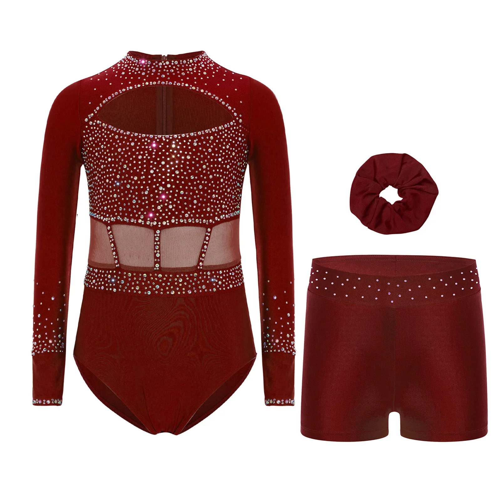 

Kids Girls Rhythmic Gymnastics Dance Outfit Rhinestones Ballet Tutu Leotard Jumpsuit with Shorts Headwear Stage Dancewear Sets
