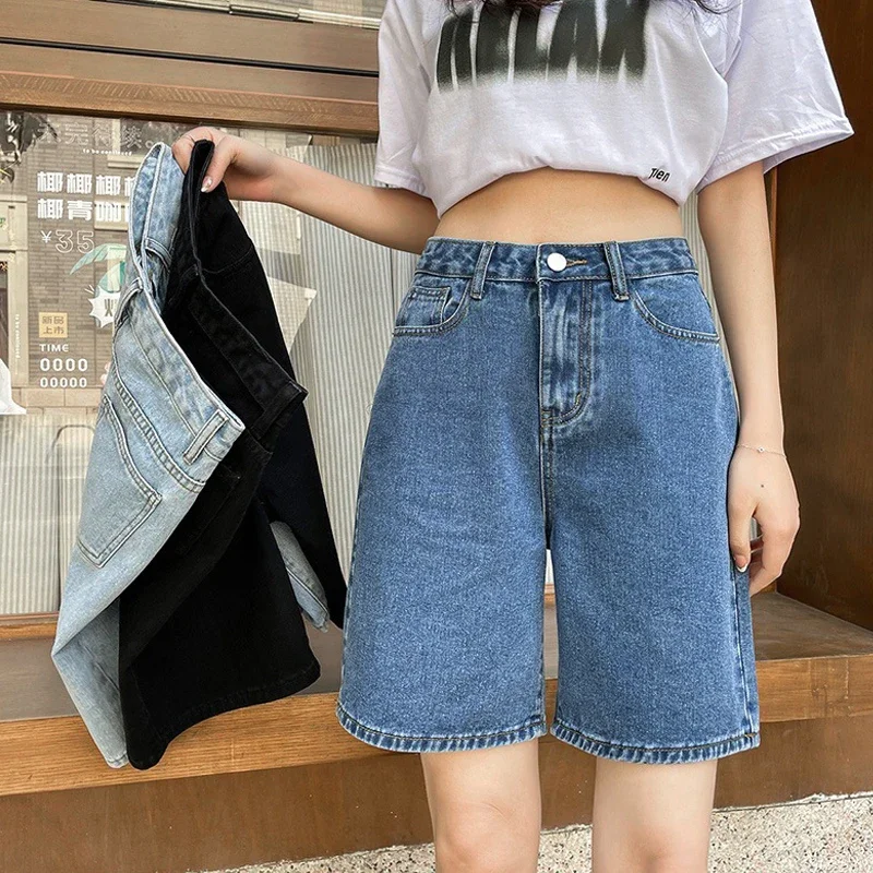 High Waisted Vintage Blue Wide Leg Denim Loose Short For Women Y2k Fashion 2025 Casual Straight Female Summer Jeans Shorts Black