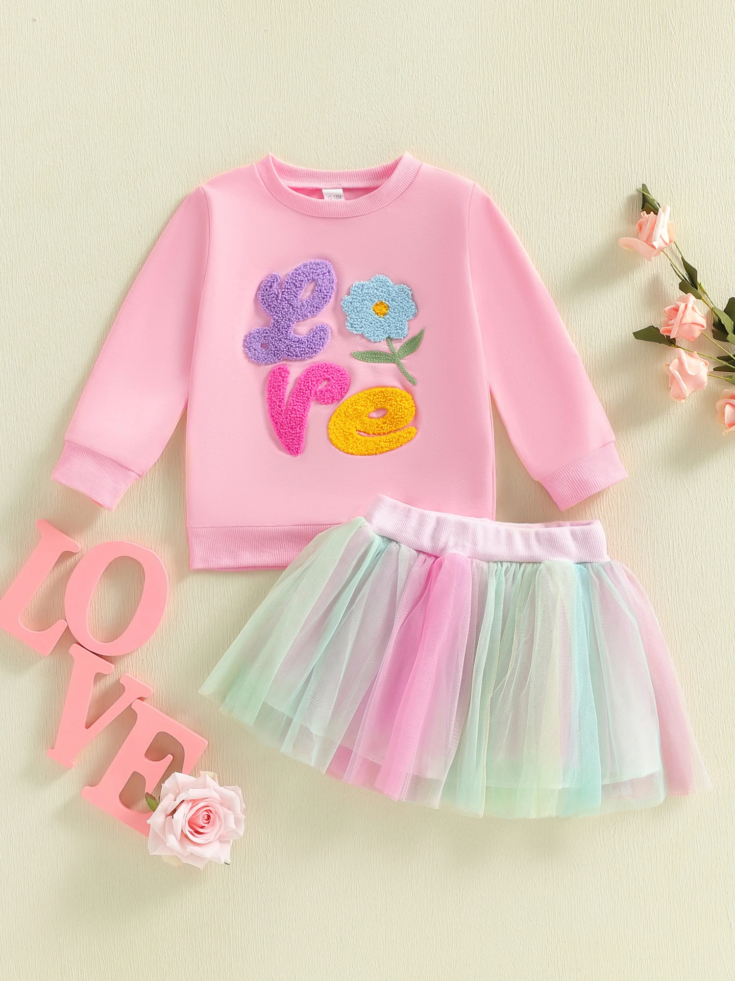 

Cute Baby Girl Outfit Set with Flower Embroidered Top and Colorful Tulle Skirt Elastic Waistband for Comfort