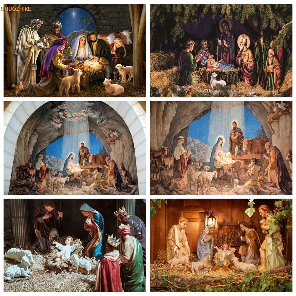 

Birth of Jesus Backdrop Christmas Night Manger Nativity Pray Scene Baby Shower Family Party Portrait Photography Background