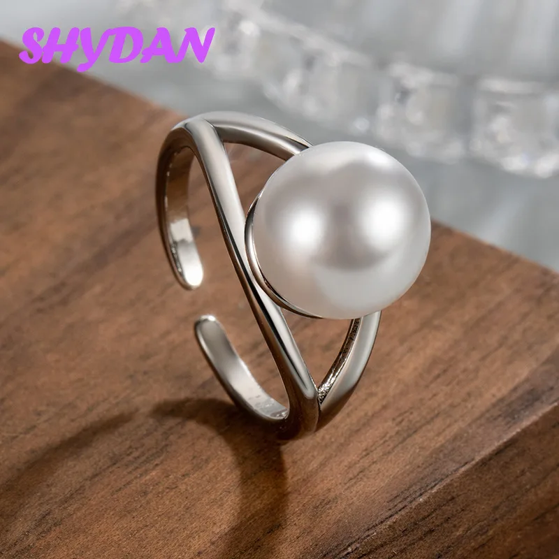 SHYDAN 925 Sterling Silver White Pearl Opening Adjustable Ring For Women Girls Fashion Jewelry