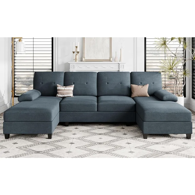 Living Room Combination Sofa, U-shaped Love Sofa, 4 Seater with Sofa Cushion and Linen Fabric, Living Room