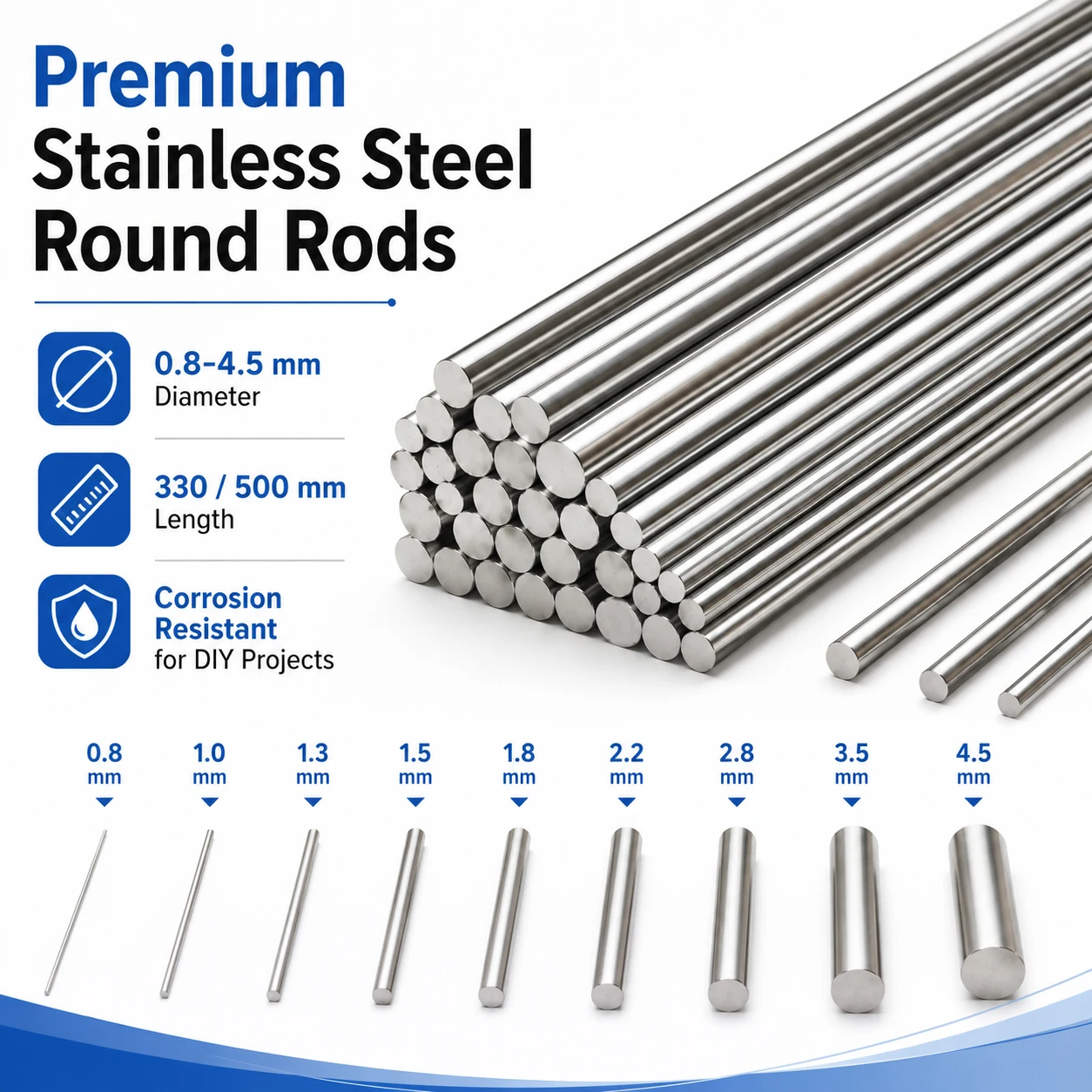 5-50Pcs 0.8-14mm 304 Stainlesss Steel Round Rod, 330mm 500mm Linear Shaft Bar for DIY Model Making & Machinery