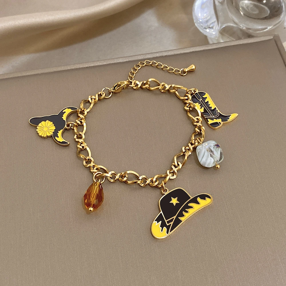 

Freetry New Waterproof Stainless Steel Bracelet for Women Vintage Ceramic Flower Cowboy Hat Boots Pendant Bracelet Jewelry Gift