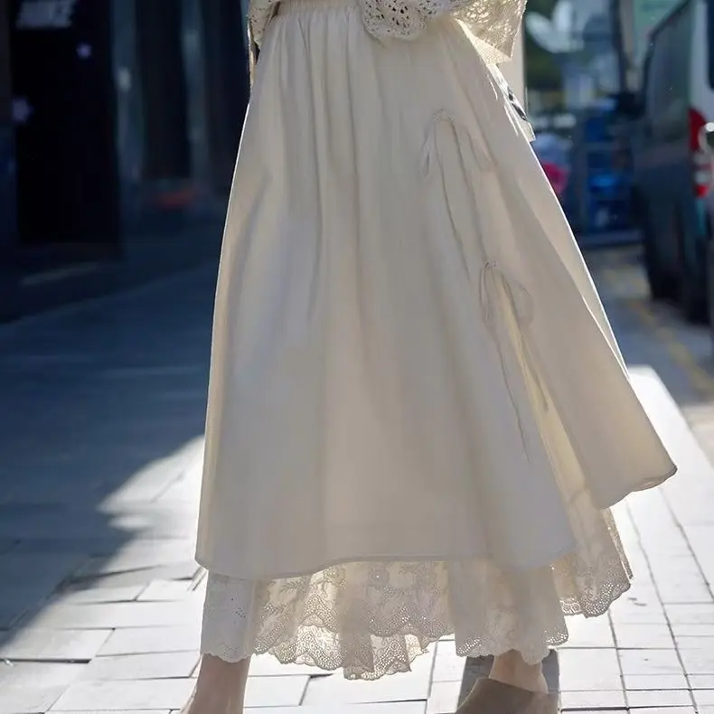 

Юбка с кружевной отделкой и высокой талией, женская весенне-летняя дизайнерская длинная юбка трапециевидной формы, корейский свободный крой, чистый цвет