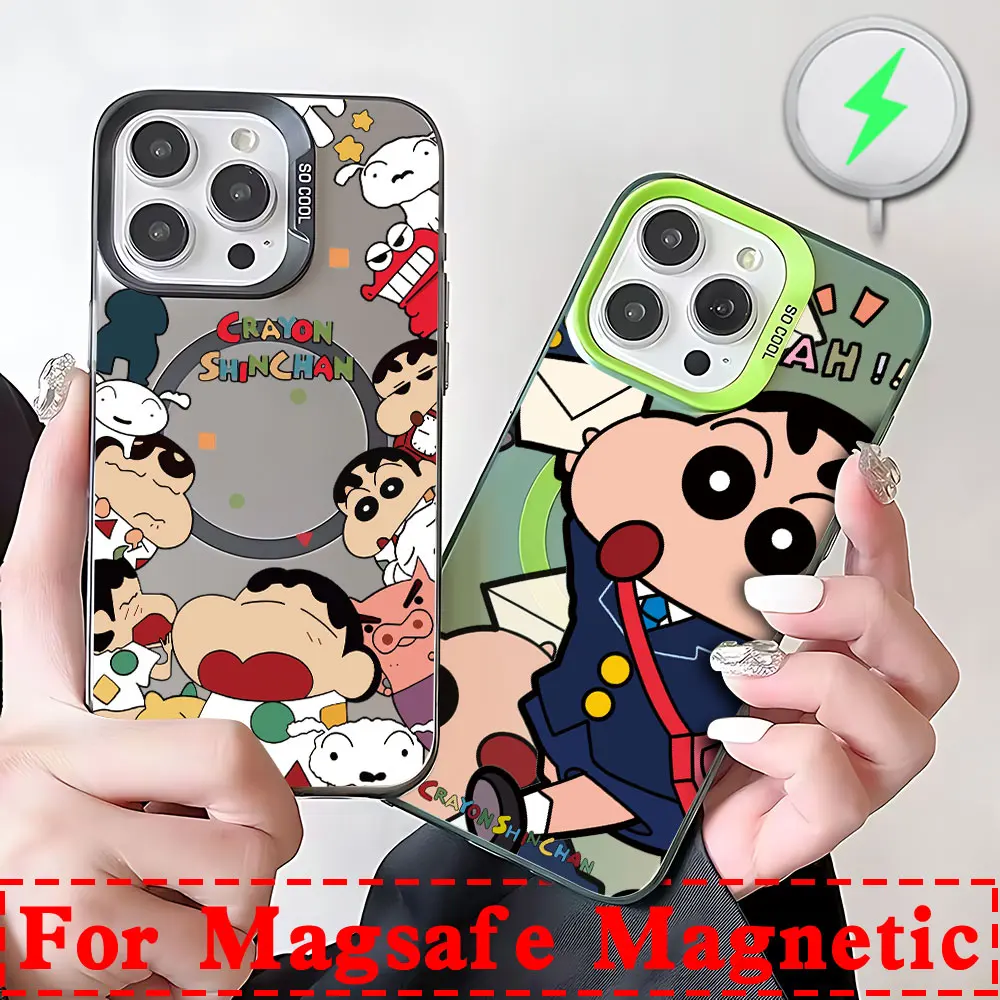 Anime Crayons Shin-chans Magsafe Magnetic Case for iPhone 11 12 13 14 15 16 Pro Max Plus Soft Silver Plated Anti Fall Cover