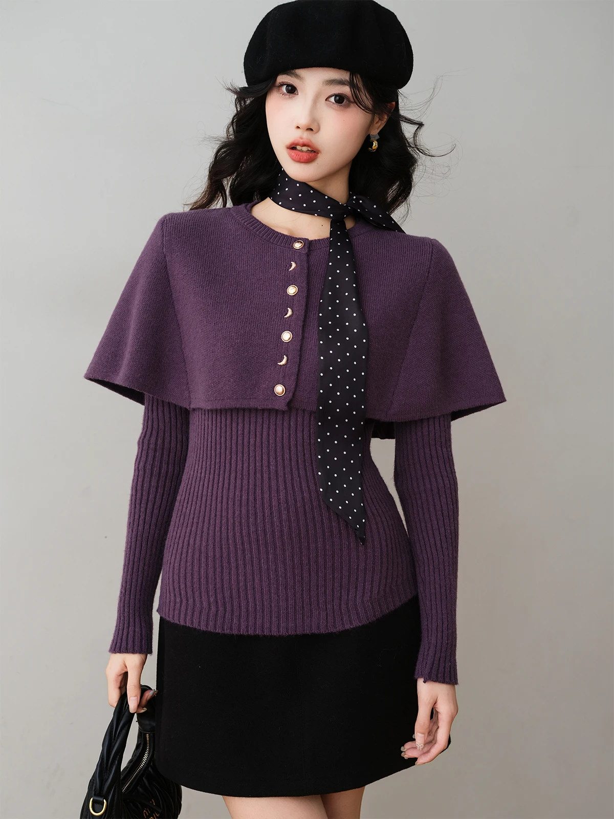 

Retro Knot Sa Cowl Ne Knitwear Slim Fit ouldercape Sweater Long Sve round Ne Button Detail for Girls