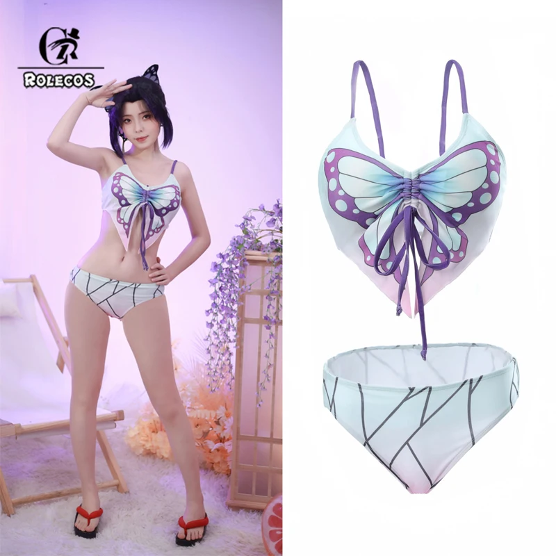 ROLECOS Kochou Shinobu Swimsuit Bandage Women Swimsuit Sexy Butterfly Printed Bikini Swinwear Beach Bathing Suit