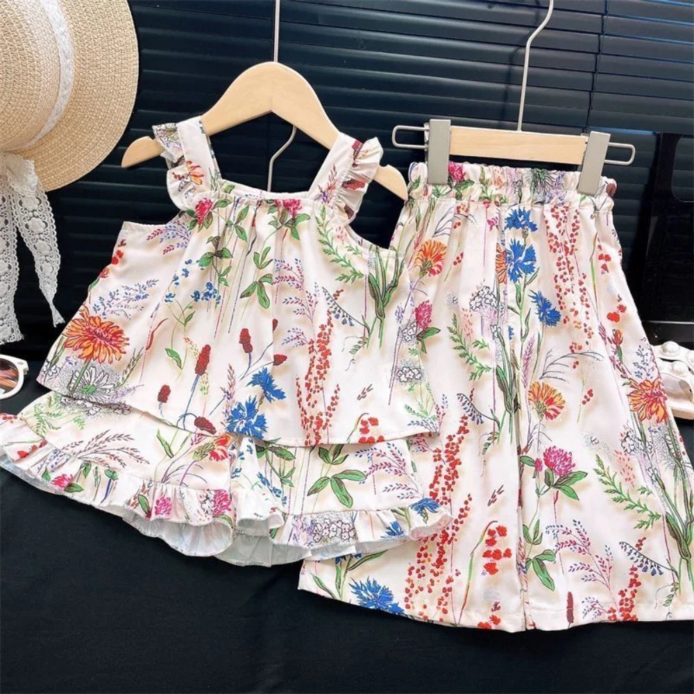 Summer Beige Girls Clothes Fashion New Flower Printed Vest Top + Shorts + Pants Three Piece Set Casual Simple Children's Suit