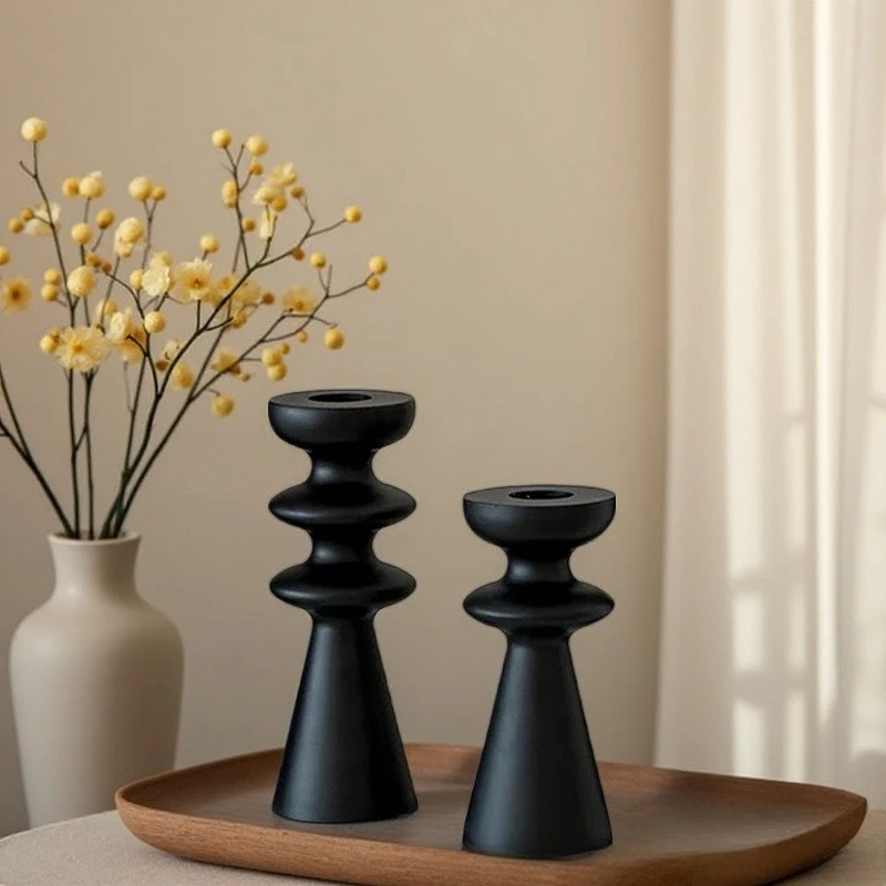 1/3PCS Halloween Party & Holiday DIY Decor Candlestick Bamboo Layered Special‑Shape Black Candlestick Set Retro Light‑Luxury