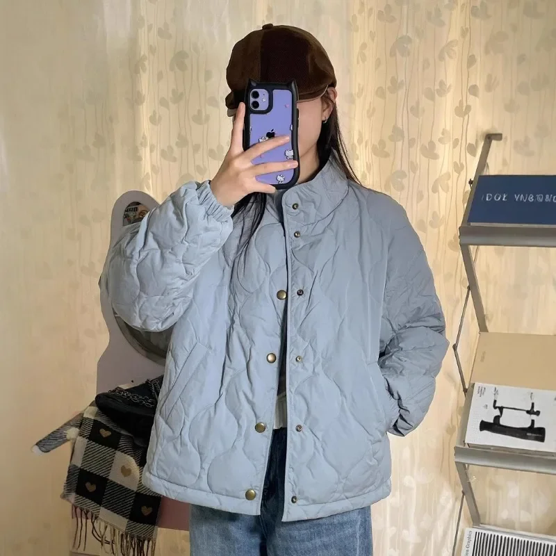 

Corduroy Wears Wear on Both Sides Cotton Coat Winter Cold-proof Single Breasted Stand Collar Parkas Blue Splicing Elegant Jacket