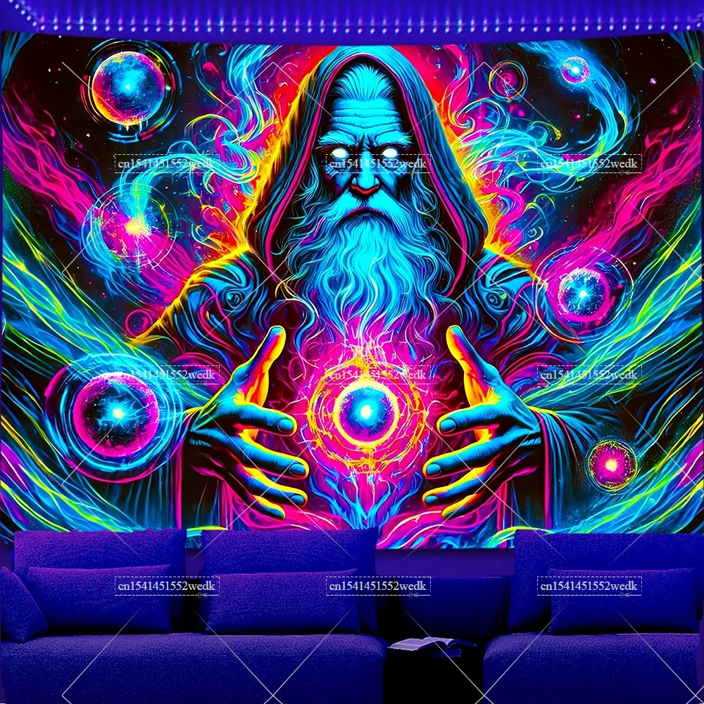UV Reactive Music Wizard DJ Blacklight Tapestry Neon Jellyfish
