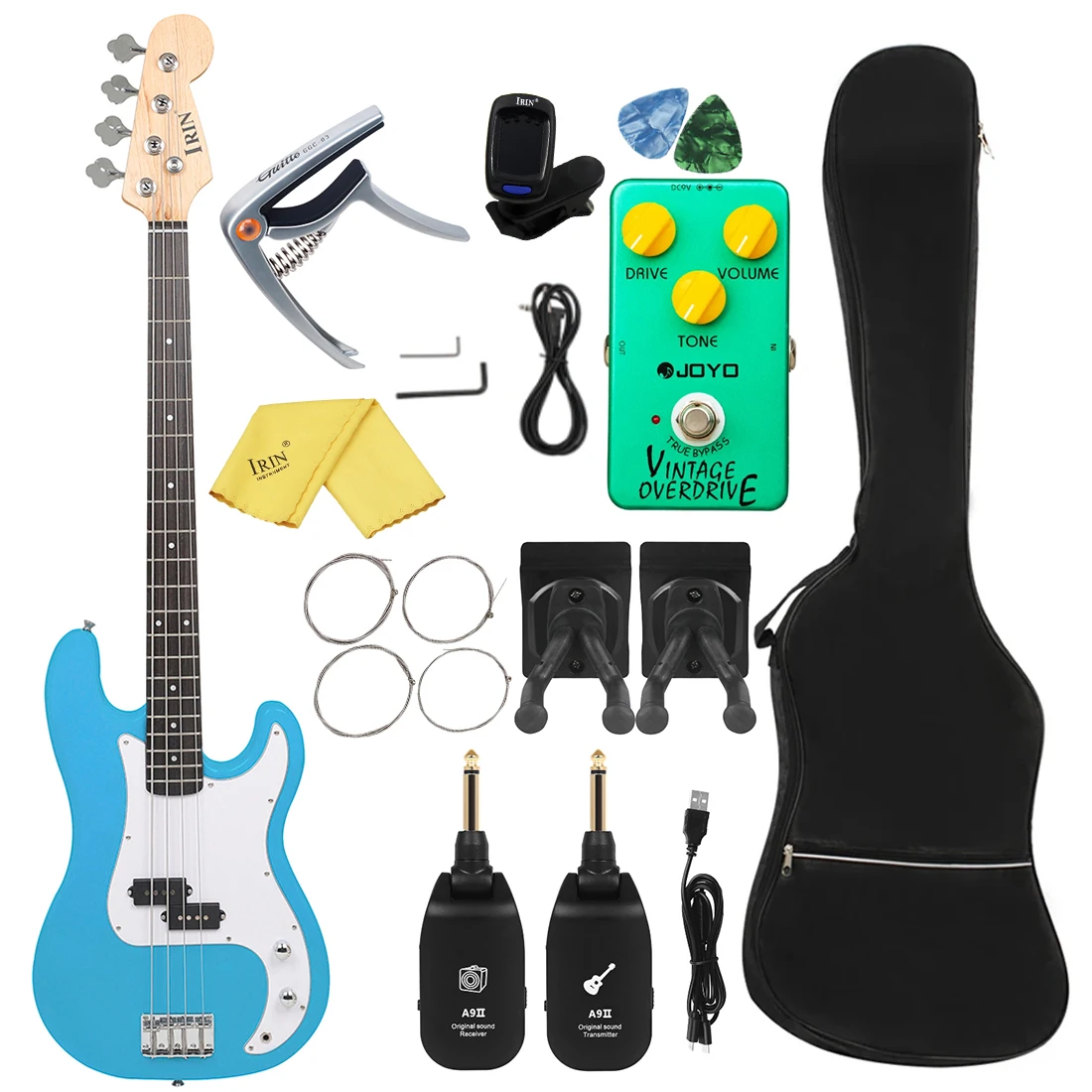 IRIN Basswood Body Bass Guitar Blue 20 Frets Guitarra 4 String Electric Bass with Tuner Strings Capo Pick Effect Pedal Parts