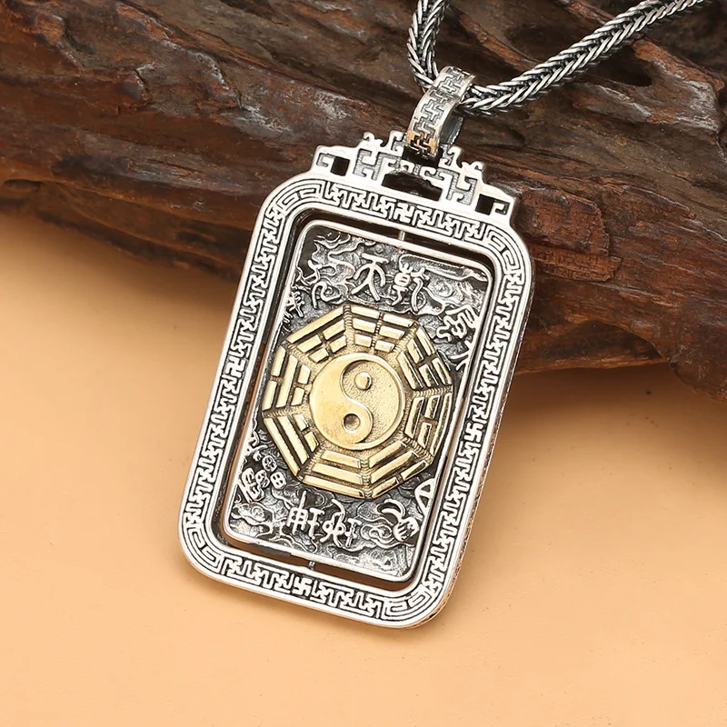 

S925 pure silver retro six character mantra sweater chain pendant, Eight Trigrams Nine Palaces picture, Taiyin square brand pend