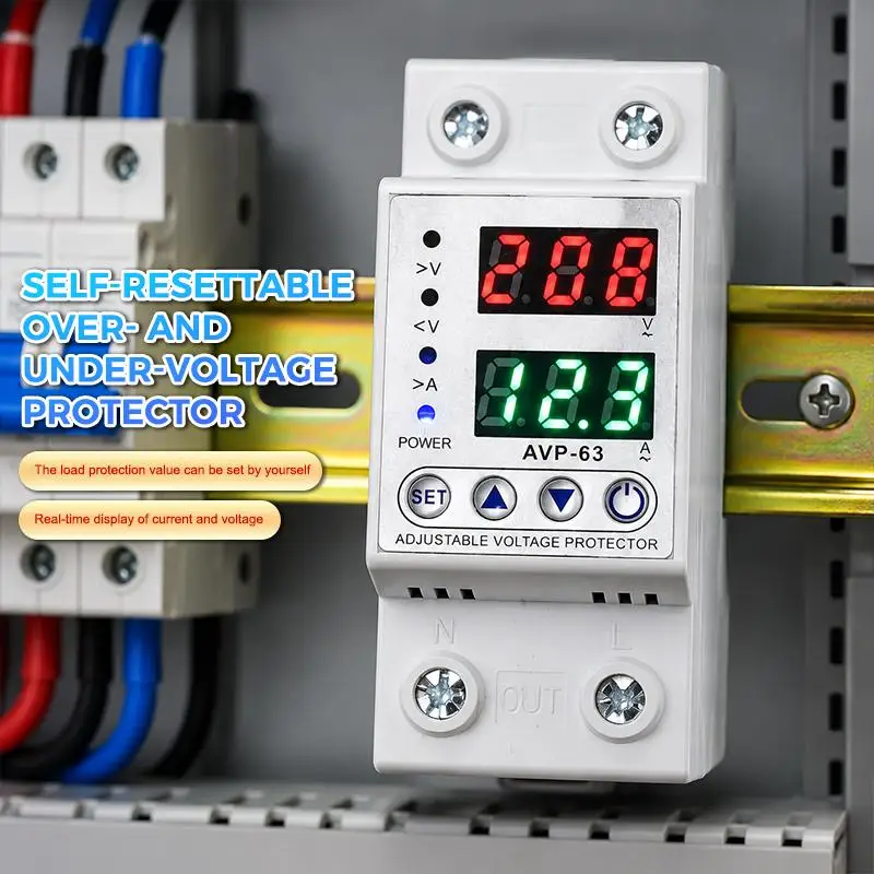 Rail Mount Dual Screen Voltage Protector Adjustable Over Under Current Protection for Household Home Appliance Safety