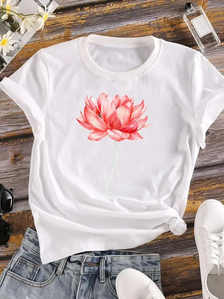 

Женская одежда с коротким рукавом, топ с принтом, модная футболка, милая трендовая Милая футболка с цветочным принтом, одежда, футболка