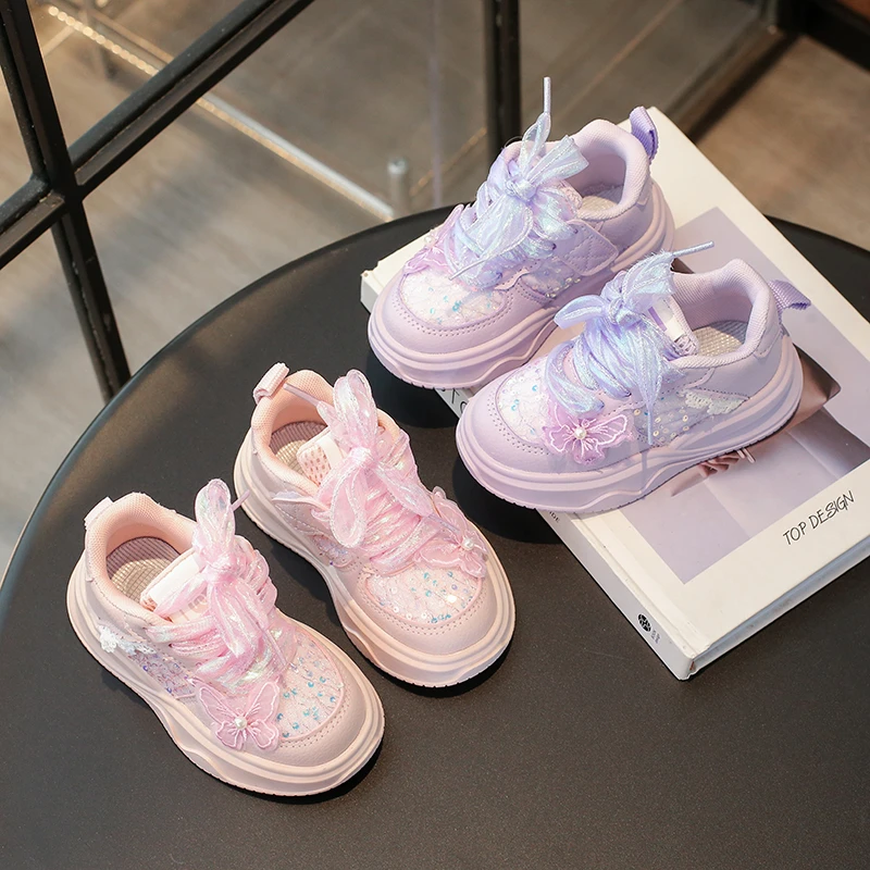 

Girls Sneakers Shiny Sequins Children Running Shoes Sweet Butterfly 2025 Autumn Kids Sports Shoes Lace Shiny Glitter Soft Bottom