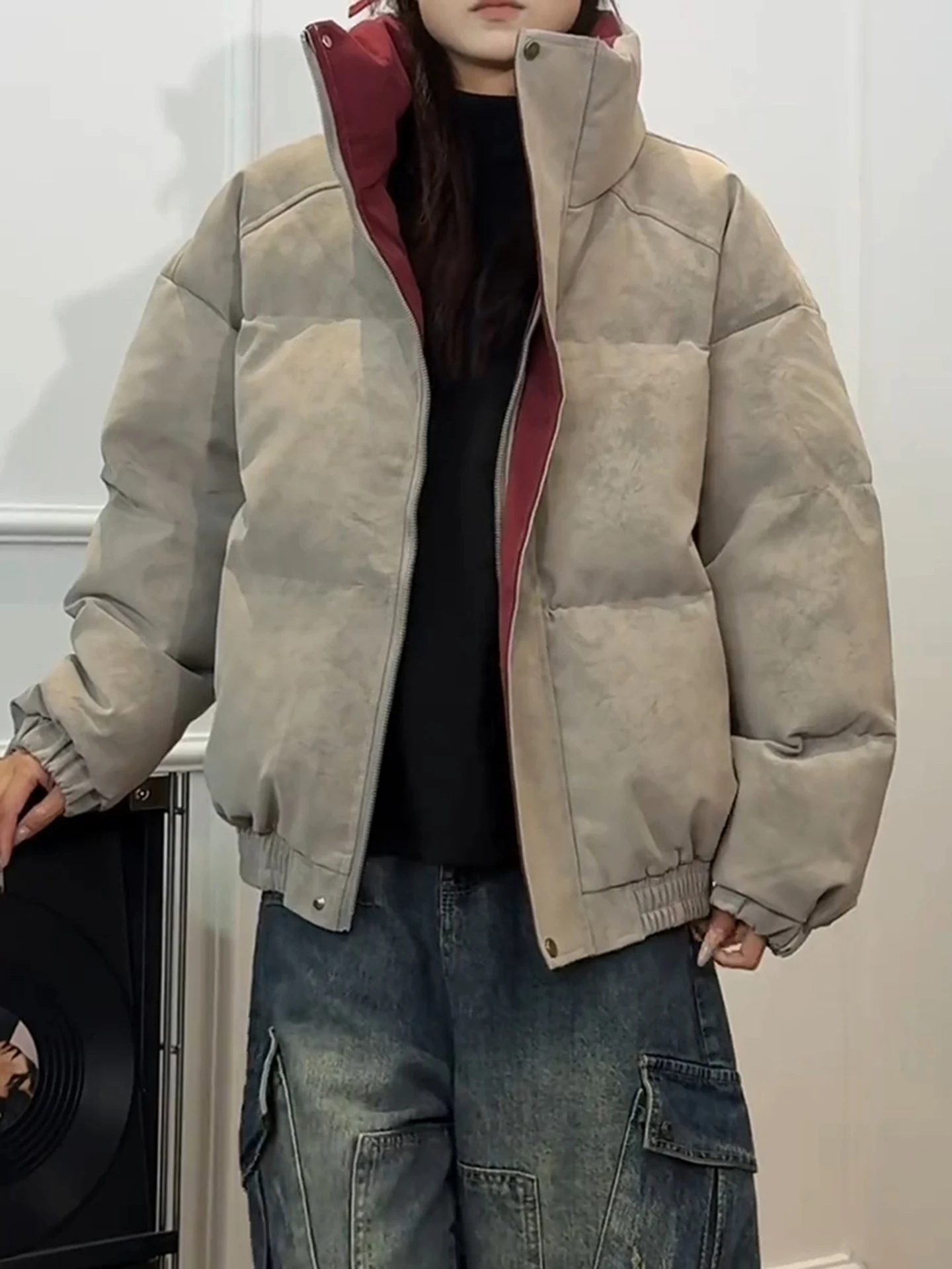 

American Contrast Color Stand Collar down Cotton Jaet Men's Winter Thi Warm Cotton Coat Couple ort Bread Sle Coat