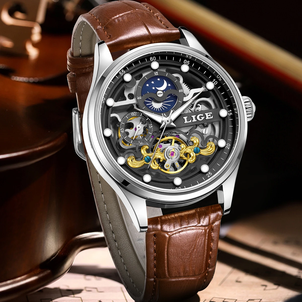 LIGE Hollow Mechanical Wristwatch for Men Fashion Leather Waterproof Watch Men Casual Business Luminous Automatic Men's Watches