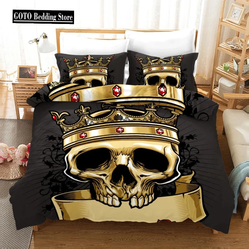 BEST.WENSD 3 Pcs Bed Set Queen Size Bedding Set Halloween Crown Skull Duvet Cover Pillow Cases Bedroom Gold Bedding Set 228x228