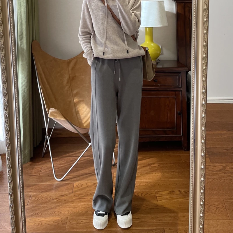 

Женские брюки с высокой талией, на флисовой подкладке, широкие, прямого кроя, в пол, в корейском стиле, для офиса/повседневной носки