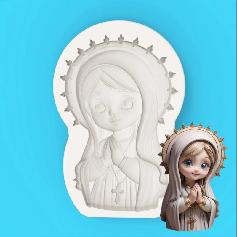 【Q-Version Heiligenstatue Betende Heilige Silikon-Backform】 Halo-Kreuz-Form Schokoladen-Bonbon-Fondant-Dekorationsform