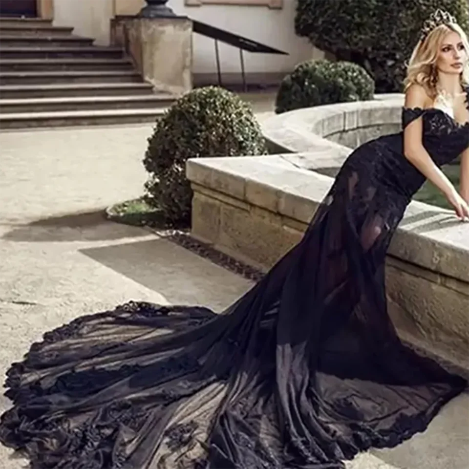 Robe de Mariée Sirène en Dentelle Noire Personnalisée, avec Appliques, Dos aux, avec Traîne Tribunal, Tulle, pour Patients, Quelle que soit la Femme, 2025