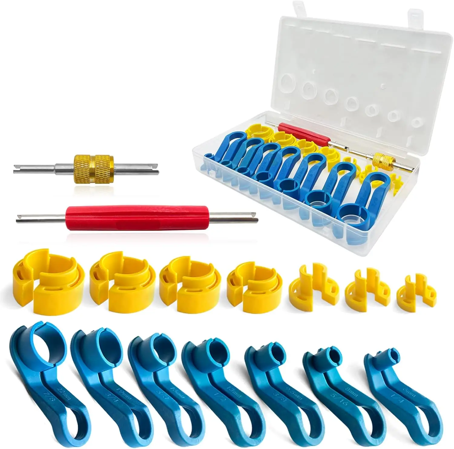 16PCS Car AC Fuel Line Disconnect Removal Tool Set with  , Valve Core Remover Tool  for 1/4 5/16 /8 1/2 5/8 /4 7/8 Inch  Quick D