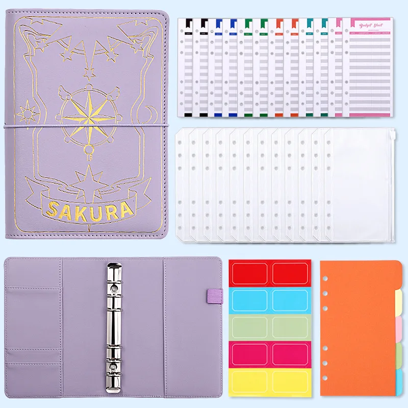 A6 Binder Budget Planner Notebook Bronzing Covers Folder 6 Hole Binder Pockets Plastic Binder Zipper Money Saving Envelope