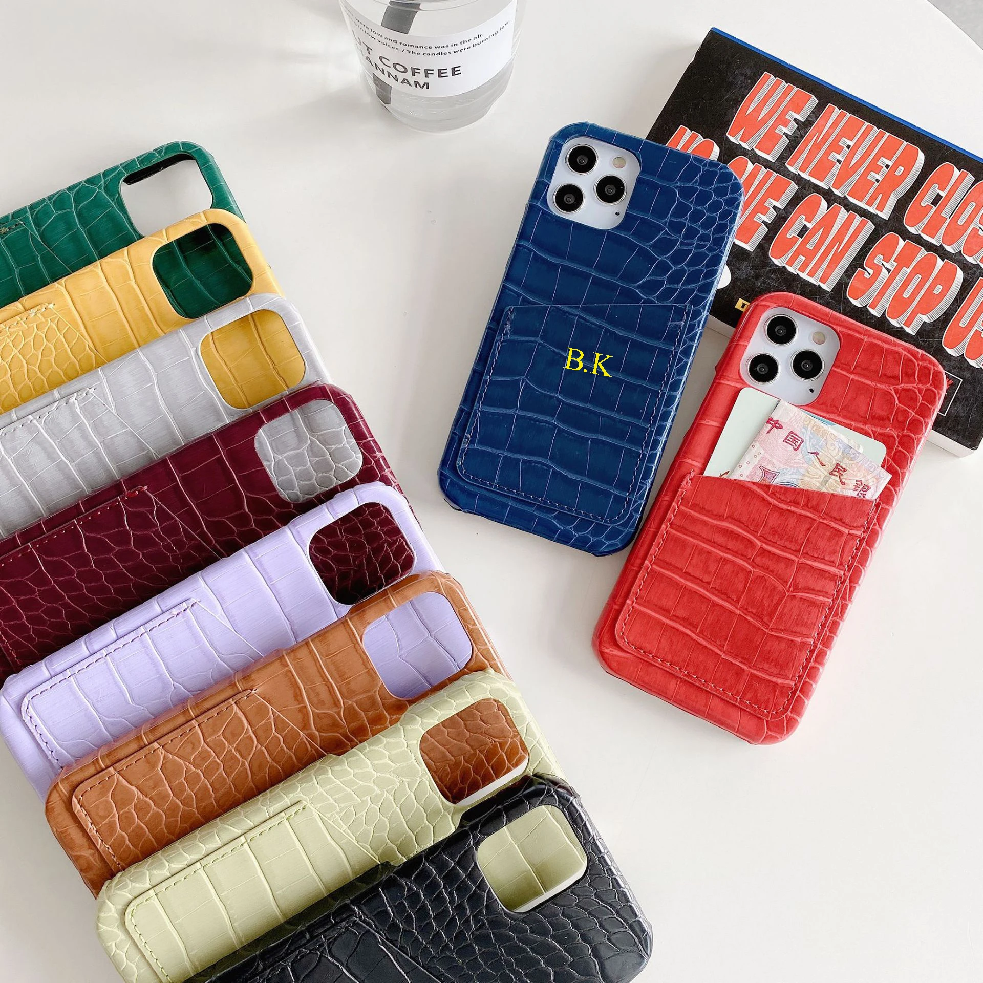 Free Customized Name Embossed Crocodile Leather Card Slot Case For iPhone X Xr Xs Max 11 12 13 14 15pro 15Pro Max Case or 11 Pro