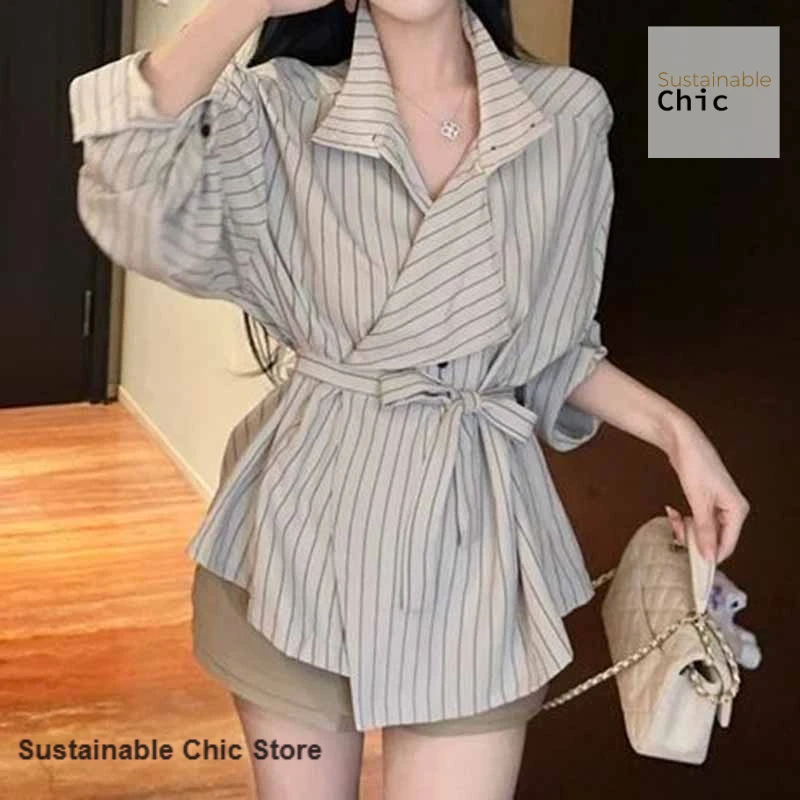 

French irregular strap waist striped shirt women's spring and autumn design sense stand-up collar shirt beautiful work shirt