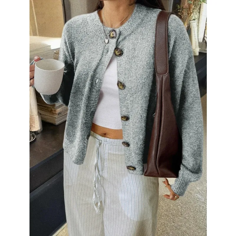 

Casual Solid Round Neck Kintted Cardigan Women Chic Full Sleeve Single Breasted Loose Short Sweaters Lady Commute Office Sweater