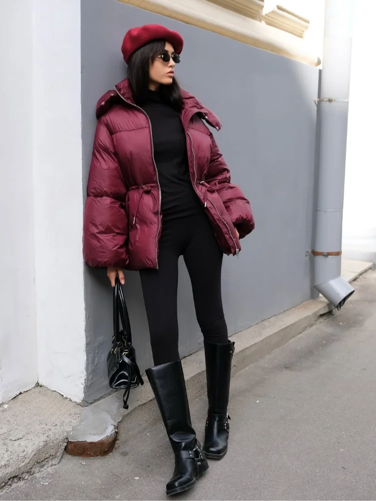 

Шикарное однотонное хлопковое пальто с капюшоном на шнурке, женское модное пальто с воротником-стойкой на талии и лацканами на молнии, женские уличные теплые пальто