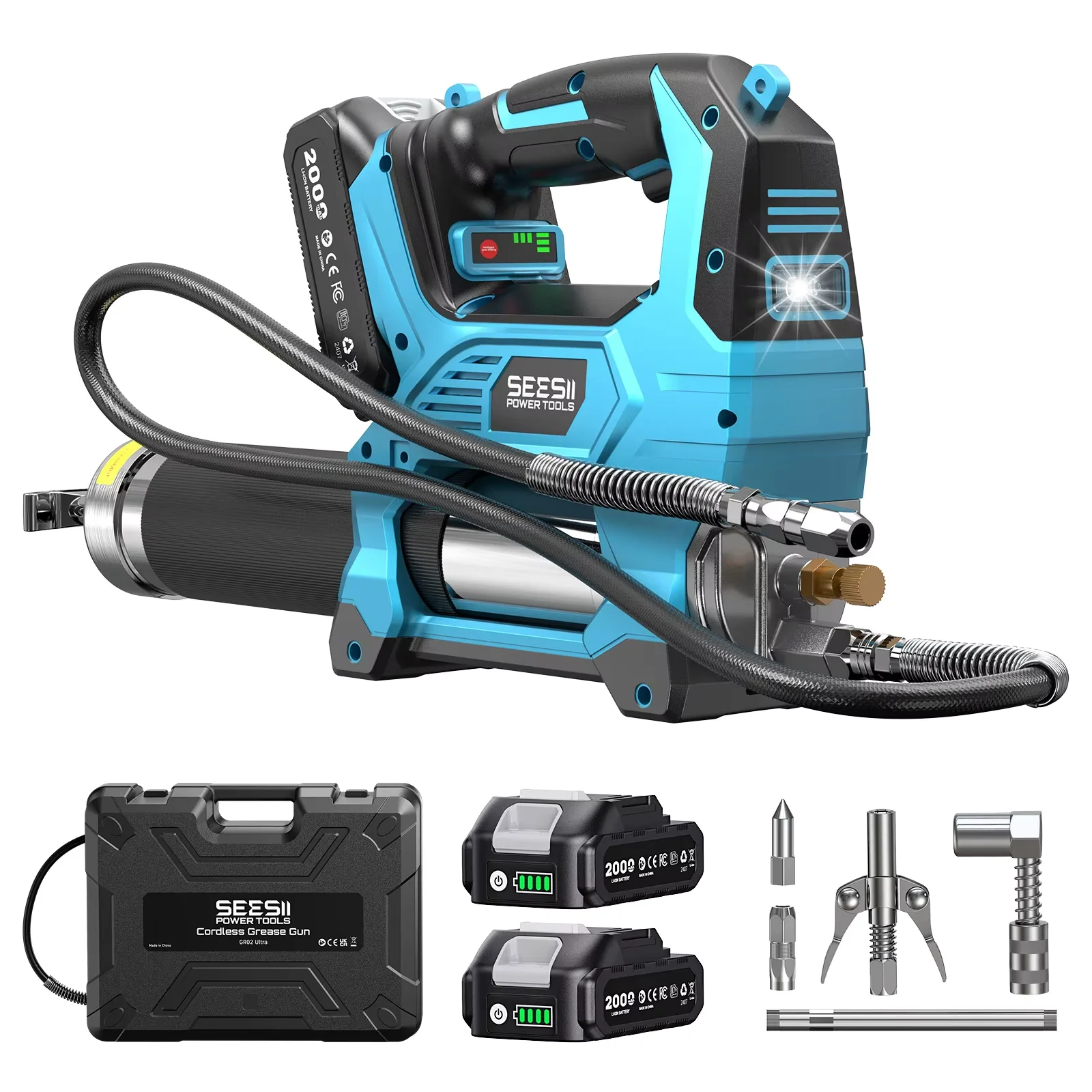 SEESII 12000PSI Elektrische Fettpresse Set Kabellose Bürstenlose Hochdruck-Schmiermaschine Ölwerkzeug-Set mit 2,0Ah Akku 39,4" Flexibler Schlauch LED-Licht