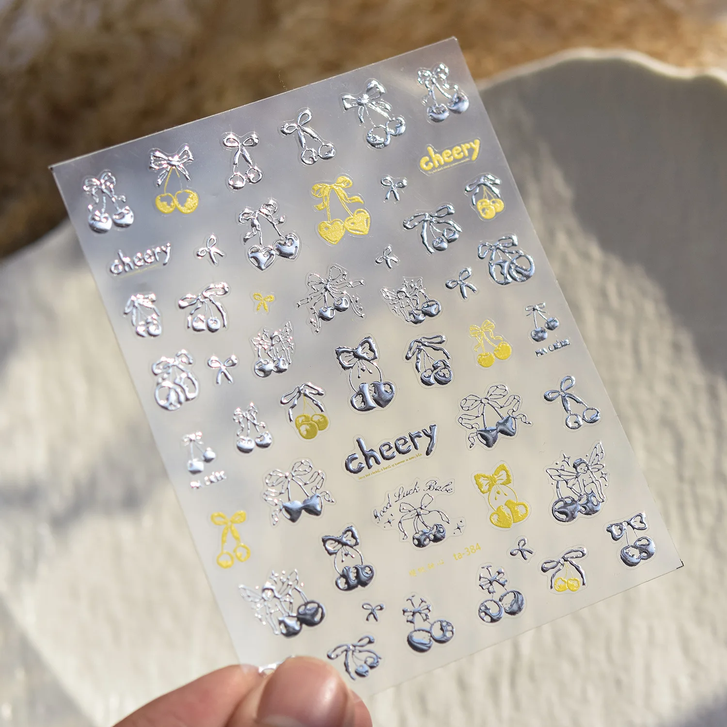 Lovely Red Fruit Strawberry Cherry Bowknot Love Heart Star Silk Ribbon 5D Nail Art Stickers Chic Self Adhesive Manicure Decal