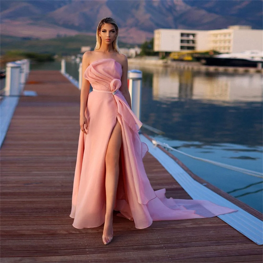 

Elegant Pink Evening Dresses Luxury Pretty Strapless Tulle A Line Prom Party Gowns High Split Ruffles Long Homecoming Dress