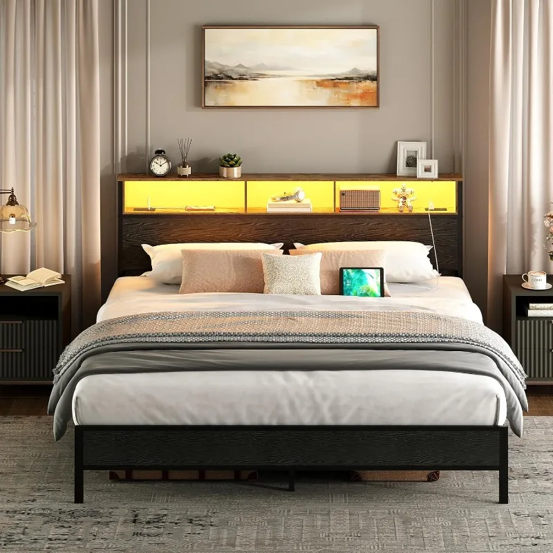 Headboard King Size, Headboard with LED Light Industrial Style Headboard, Height Adjustable, Rustic Brown and Black