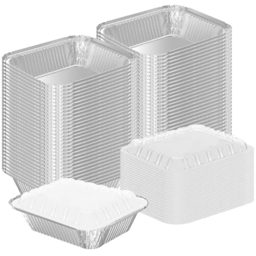 

100 PACK 8.3"x6.2" Disposable Foil Plastic Lids 2.25LB Aluminum Foil Food Containers for Cooking, Baking, Catering Party Meal P