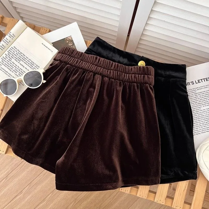 baby girls winter shorts Korean velvet high waist wide leg shorts kids clothes teenage vintage streetwear 3 to 16 years